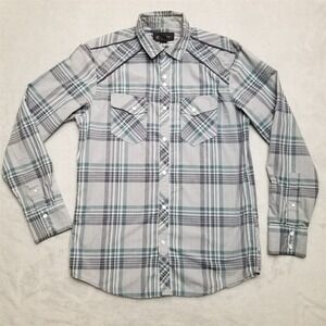 INC International Concepts Shirt Mens Small Teal Plaid Pearl Snap Western Casual